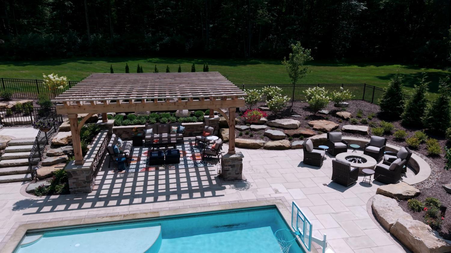 Cedar pergola enhancing a stone outdoor living area in Northeast Ohio Cedar pergola enhancing a stone outdoor living area in Northeast Ohio