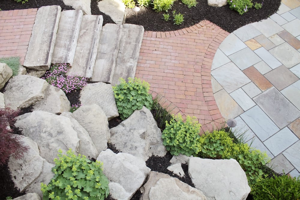 Exscape Design Steps and Stone Retaining Wall with Plantings