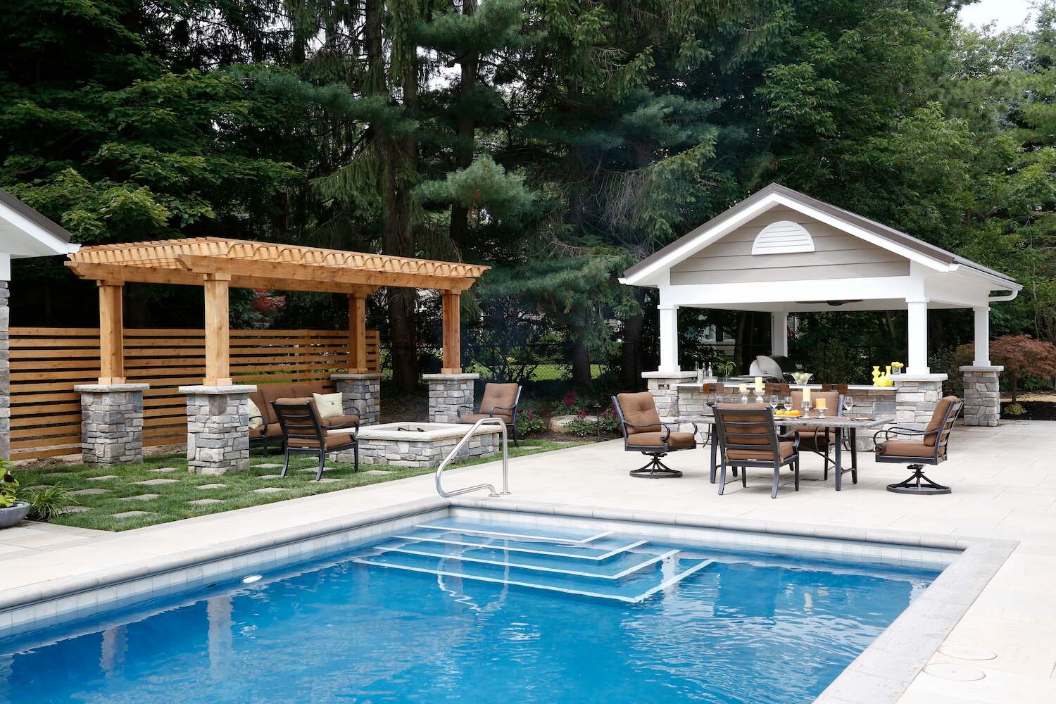 wood beam pavilion in Moreland Hills, OH with open roof design