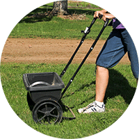 Woman fertilizing her backyard