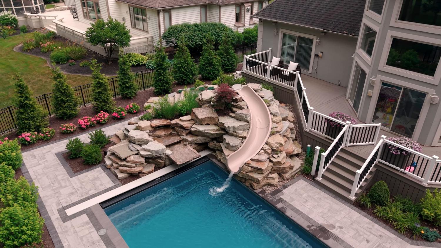Poolside recreation area with basketball and games in Ohio